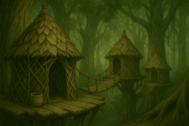 Imagine a unei colonii cu adăposturi construite din ramuri și frunze, amplasate pe copaci. Trei adăposturi cu acoperișuri din paie sunt conectate printr-un pod din lemn, având un recipient pentru hrană aproape de intrare.