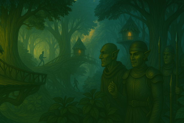 Un peisaj de pădure misterioasă, cu copaci înverziți și case în copaci iluminate, în care se află o grupare de figuri fantastice și un individ care traversează un pod.