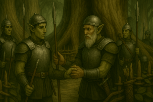 Două personaje de tip elfic, unul tânăr și unul în vârstă, își strâng mâinile într-un mediu forestier, în timp ce alți apărători, îmbrăcați în armuri, se află în fundal. Scenele sunt reprezentate într-un ton verde, evocând o atmosferă de camaraderie și pregătire militară.