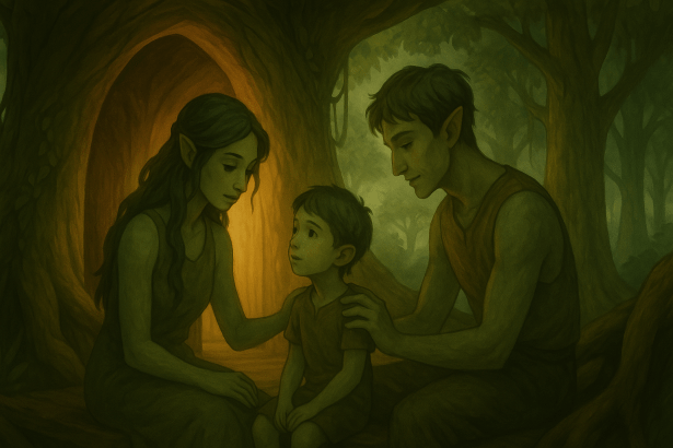 O familie formată din doi adulți și un copil, stând în interiorul unui adăpost dintr-o colonie arboreală. Adulții par a fi grijulii față de copil, care este mic și neajutorat, având aspecte eterice și trăsături delicate. Lumina din interiorul adăpostului creează o atmosferă caldă și primitoare.