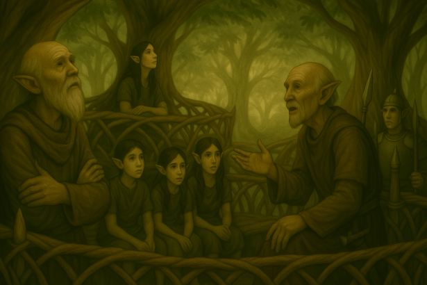 Un grup de Povestitori și copii ascultând o poveste, într-o pădure cu copaci înverziți.